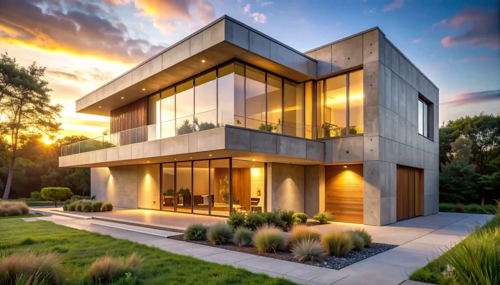 Ultra-realistic architectural photography of Nuvira smart home in Copenhagen, golden hour lighting on raw concrete, brushed brass, and weathered oak textures, 24mm tilt-shift lens, invisible tech integration for physiological feedback loops in sustainable urban design.