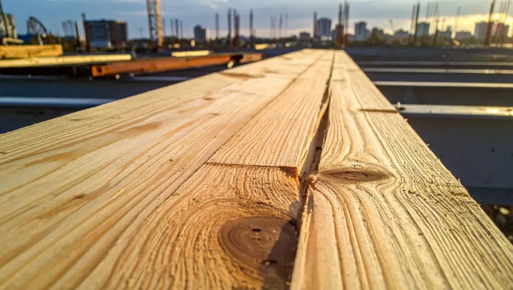 Ultra-realistic architectural photography of mass timber CLT panels in assembly on a construction site, contrasted with steel framework, captured in golden hour lighting with 24mm tilt-shift lens focusing on weathered oak textures and brushed steel, highlighting sustainable building materials and lifecycle cost advantages in regenerative infrastructure.