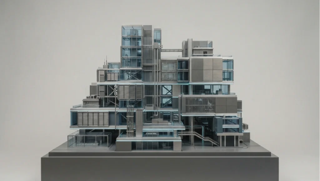 Study view of single-system hero on the Nuvira palette, 35mm soft diffuse from 10 Formidable Strategies, a Nuvira Space concept study. Softly lit architectural study. Materials in view include the project's principal cladding and structural surfaces.
