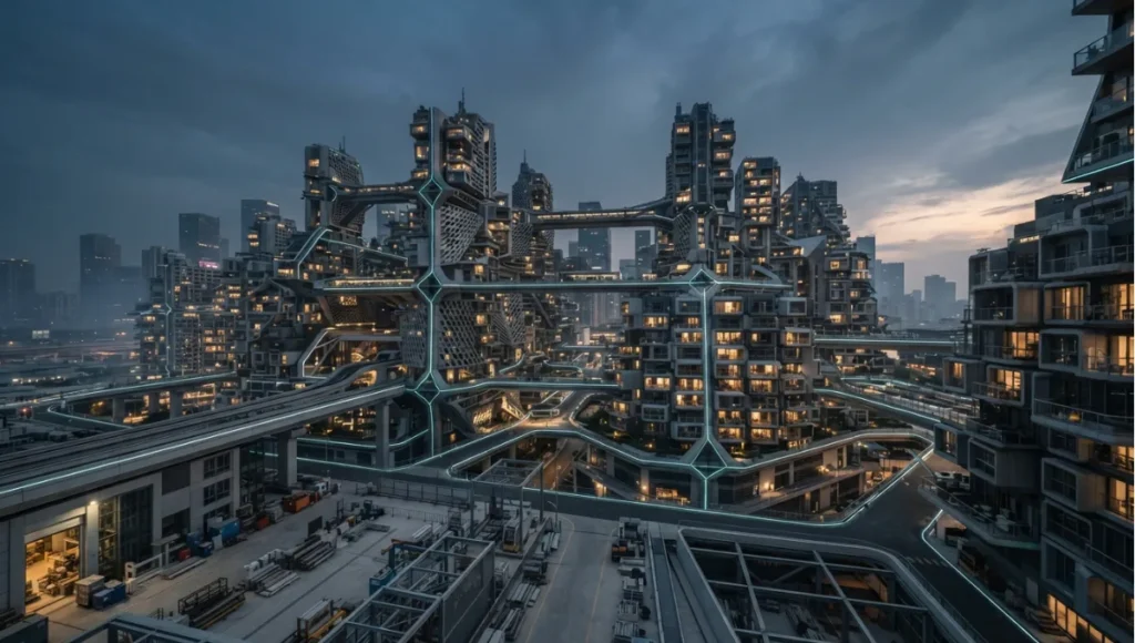 Projected 2030 view of 2030+ algorithmic city fabric, 16mm, twilight with data-overlay hints from 10 Formidable Strategies, a Nuvira Space concept study. Wide twilight architectural view. Materials in view include the project's principal cladding and structural surfaces.