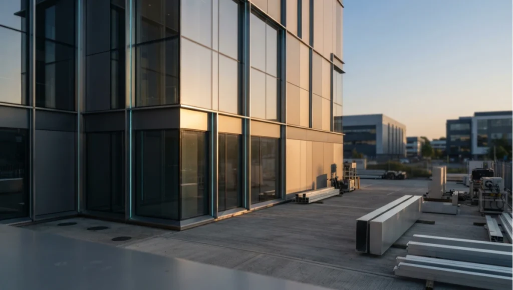 Nuvira Space concept view of speculative future-tech exterior, 24mm tilt-shift, golden hour with cool-tech accents from 10 Formidable Strategies. Tilt-shift architectural photograph in low golden-hour light. Materials in view include the project's principal cladding and structural surfaces.