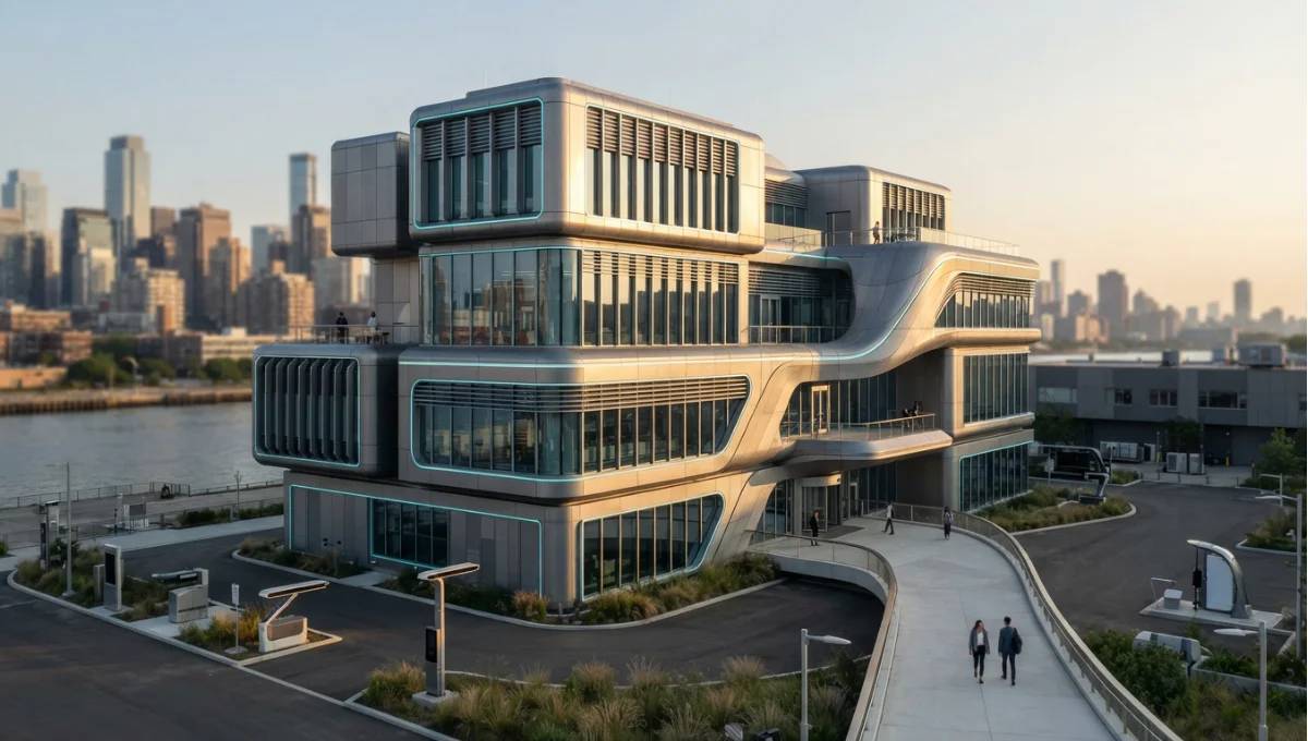 Summary view of speculative future-tech exterior, 24mm tilt-shift, golden hour with cool-tech accents from 10 Formidable Strategies, a Nuvira Space concept study. Architectural photograph. Materials in view include the project's principal cladding and structural surfaces.