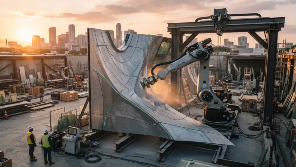 Exterior view of an industrial arm in operation on a site, working a curved surface from 5 Bold Robotic Fabrication Architecture Shifts in 2026, a Nuvira Space concept study. Tilt-shift architectural photograph in low golden-hour light. Materials in view include the project's principal cladding and structural surfaces.
