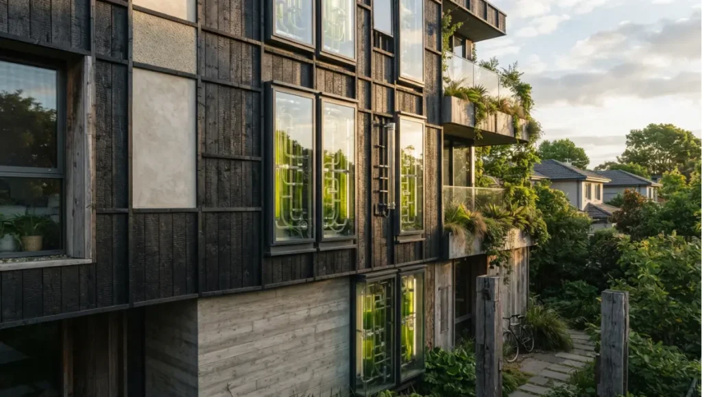Exterior view of residential facade with visible culture panels from Top 7 Algae Bio-Curtain Systems, a Nuvira Space concept study. Tilt-shift architectural photograph in low golden-hour light. Materials in view include the project's principal cladding and structural surfaces.