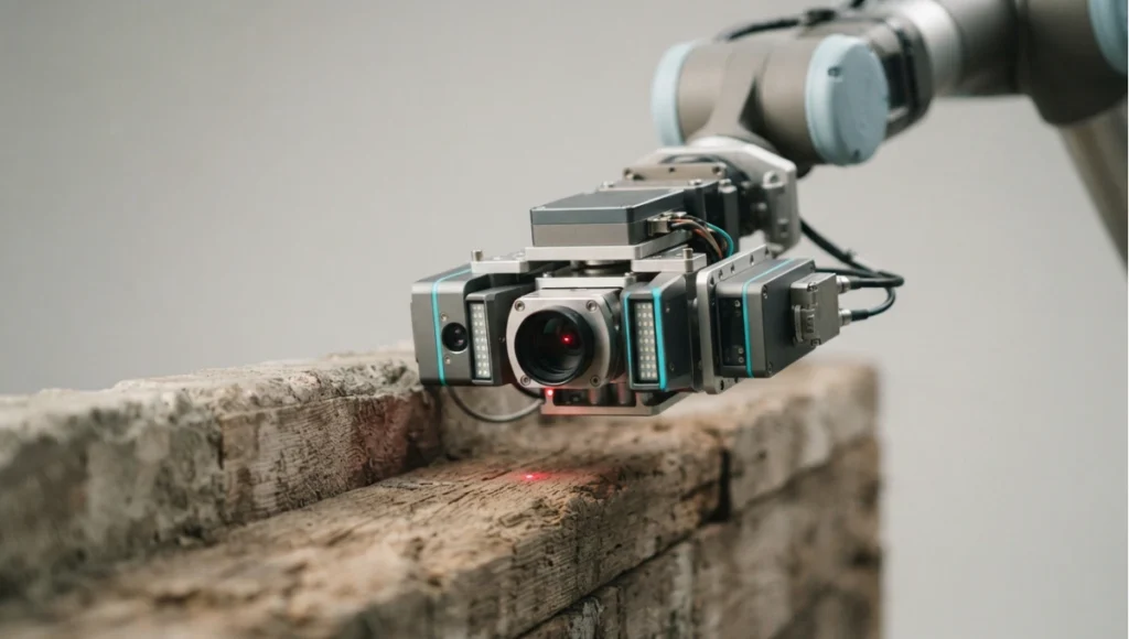 Detail view of scan-to-path: a sensor head measuring a reclaimed or uneven surface from 5 Bold Robotic Fabrication Architecture Shifts in 2026, a Nuvira Space concept study. Architectural detail photographed in diffuse light. Materials in view include the project's principal cladding and structural surfaces.