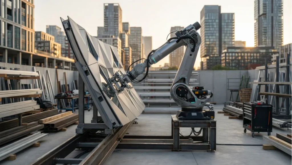 Nuvira Space concept view of an industrial arm in operation on a site, working a curved surface from 5 Bold Robotic Fabrication Architecture Shifts in 2026. Tilt-shift architectural photograph in low golden-hour light. Materials in view include the project's principal cladding and structural surfaces.