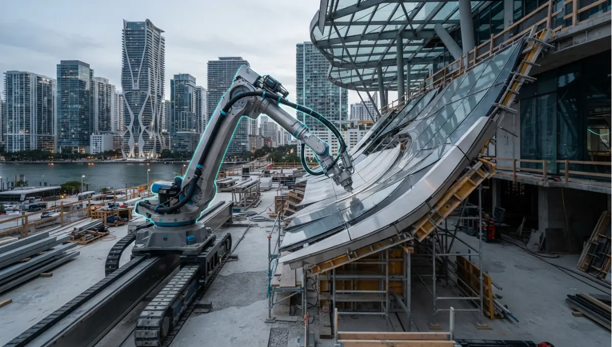 Summary view of an industrial arm in operation on a site, working a curved surface from 5 Bold Robotic Fabrication Architecture Shifts in 2026, a Nuvira Space concept study. Architectural photograph. Materials in view include the project's principal cladding and structural surfaces.