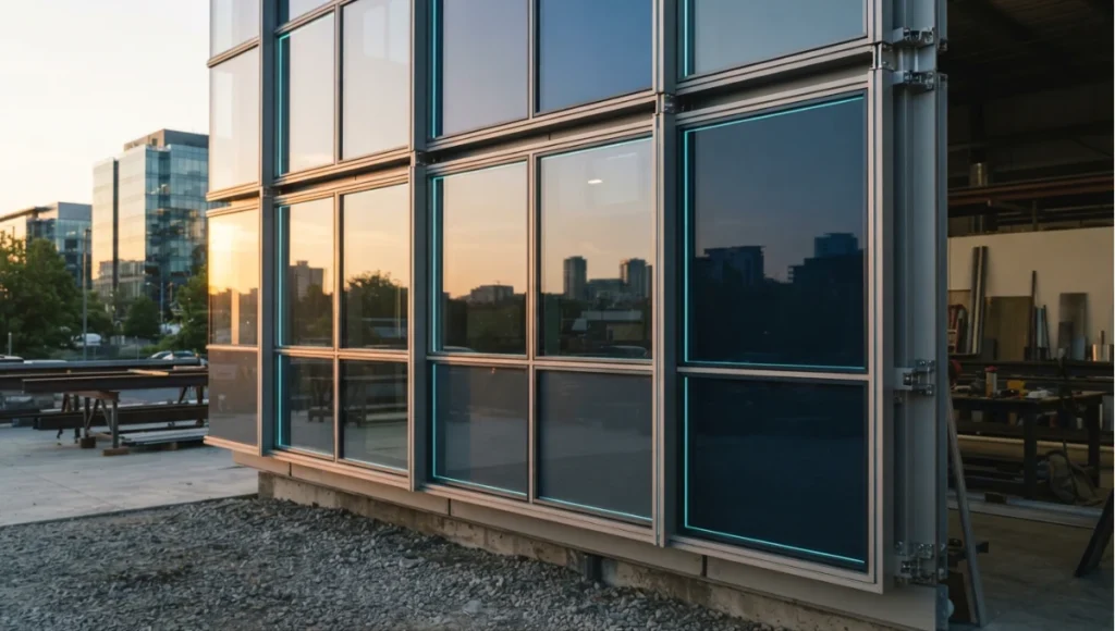 Exterior view of facade with panes at different tint states from 5 Premier Smart Glass Technologies, a Nuvira Space concept study. Tilt-shift architectural photograph in low golden-hour light. Materials in view include the project's principal cladding and structural surfaces.