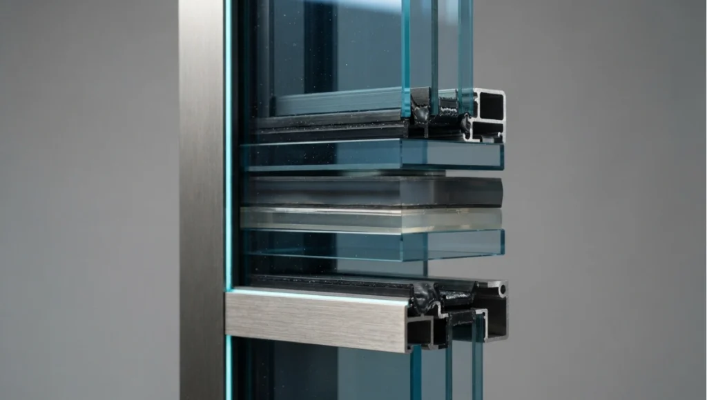 Detail view of driver detail from 5 Premier Smart Glass Technologies, a Nuvira Space concept study. Architectural detail photographed in diffuse light. Materials in view include the project's principal cladding and structural surfaces.