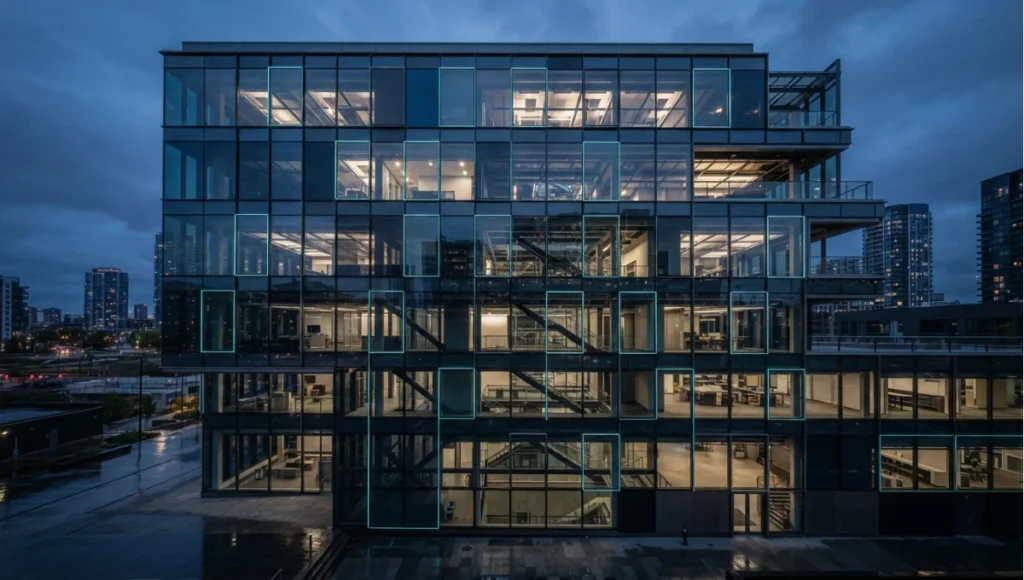 Projected 2030 view of 2030+ per-pane control across a large elevation from 5 Premier Smart Glass Technologies, a Nuvira Space concept study. Wide twilight architectural view. Materials in view include the project's principal cladding and structural surfaces.