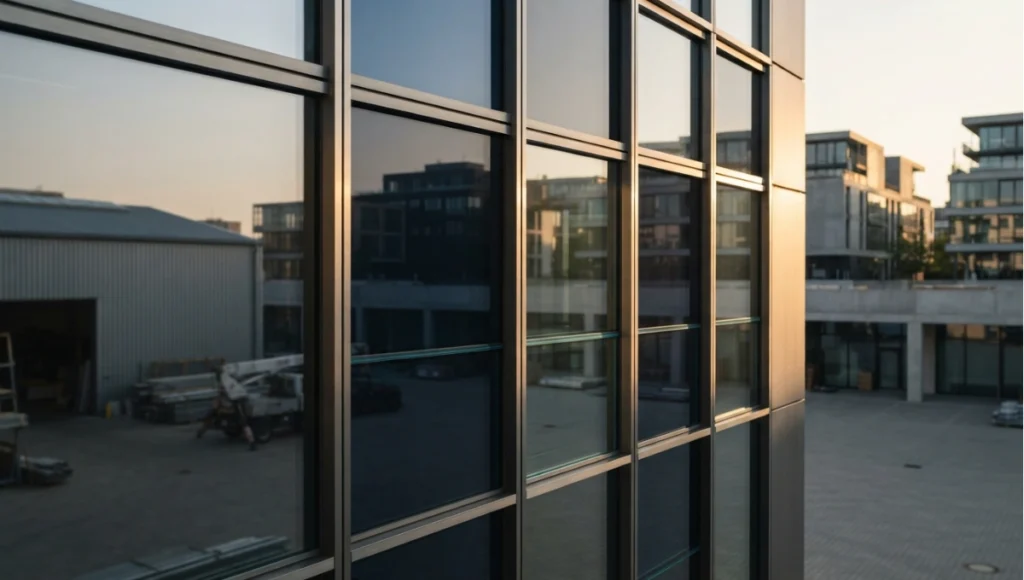 Nuvira Space concept view of facade with panes at different tint states from 5 Premier Smart Glass Technologies. Tilt-shift architectural photograph in low golden-hour light. Materials in view include the project's principal cladding and structural surfaces.