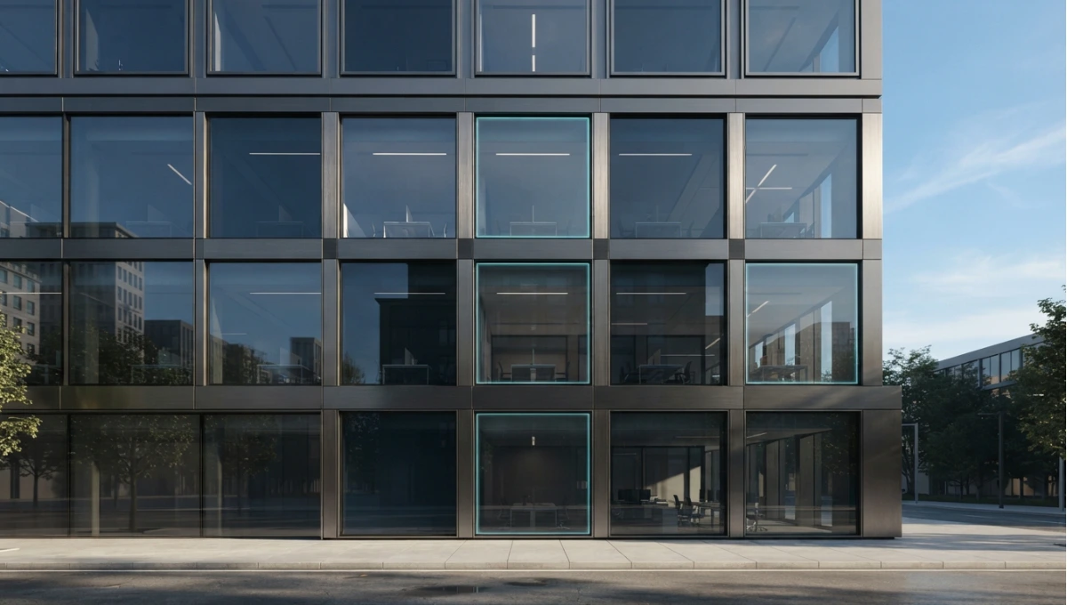 Summary view of facade with panes at different tint states from 5 Premier Smart Glass Technologies, a Nuvira Space concept study. Architectural photograph. Materials in view include the project's principal cladding and structural surfaces.