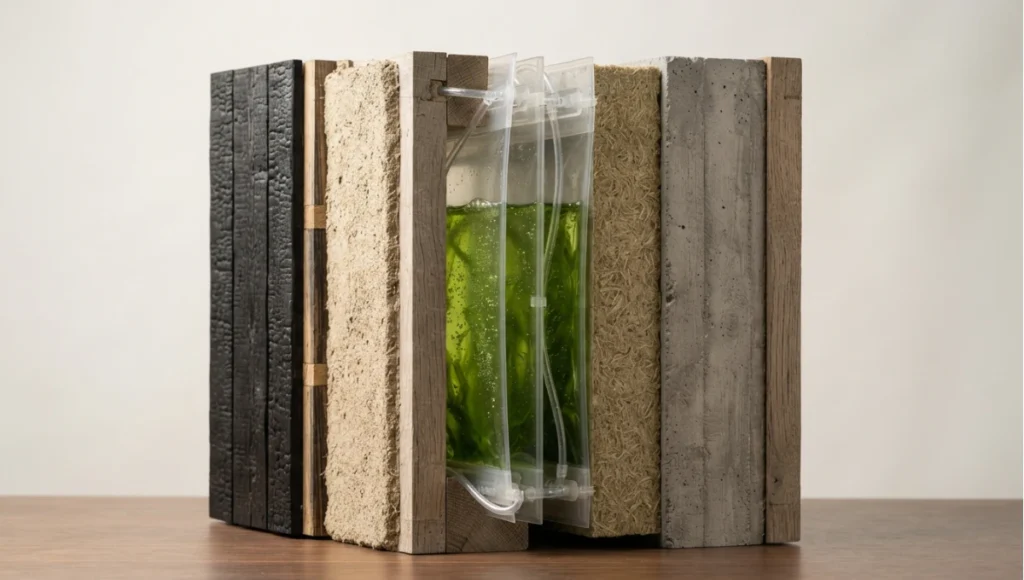 Detail view of panel cross-section showing the culture cavity and insulation from Top 7 Algae Bio-Curtain Systems, a Nuvira Space concept study. Architectural detail photographed in diffuse light. Materials in view include the project's principal cladding and structural surfaces.