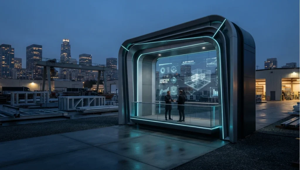 Projected 2030 view of 2030+ review gate: exceptions reported rather than content produced from What Is Generative AI in Architecture? Definition & Guide, a Nuvira Space concept study. Wide twilight architectural view. Materials in view include the project's principal cladding and structural surfaces.