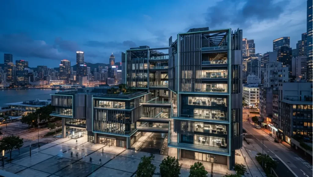Projected 2030 view of 2030+ constraint-aware generation with a native audit trail from AI Workflow Guide for Architects, a Nuvira Space concept study. Wide twilight architectural view. Materials in view include the project's principal cladding and structural surfaces.