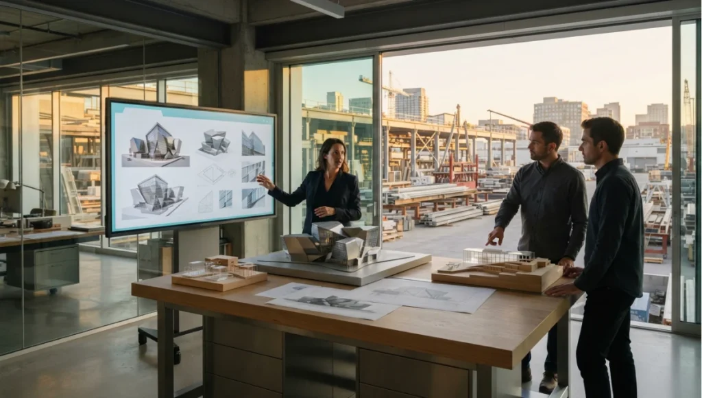 Nuvira Space concept view of project team at a phase review with a screen of variants and a coordinated model from AI Workflow Guide for Architects. Tilt-shift architectural photograph in low golden-hour light. Materials in view include the project's principal cladding and structural surfaces.Nuvira Space concept view of project team at a phase review with a screen of variants and a coordinated model from AI Workflow Guide for Architects. Tilt-shift architectural photograph in low golden-hour light. Materials in view include the project's principal cladding and structural surfaces.