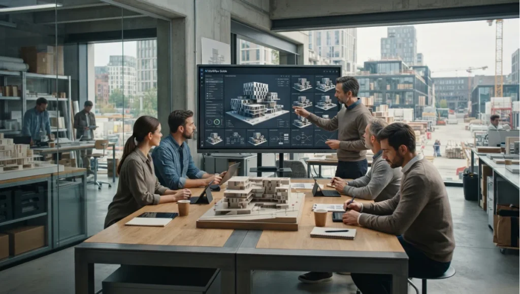 Summary view of project team at a phase review with a screen of variants and a coordinated model from AI Workflow Guide for Architects, a Nuvira Space concept study. Architectural photograph. Materials in view include the project's principal cladding and structural surfaces.