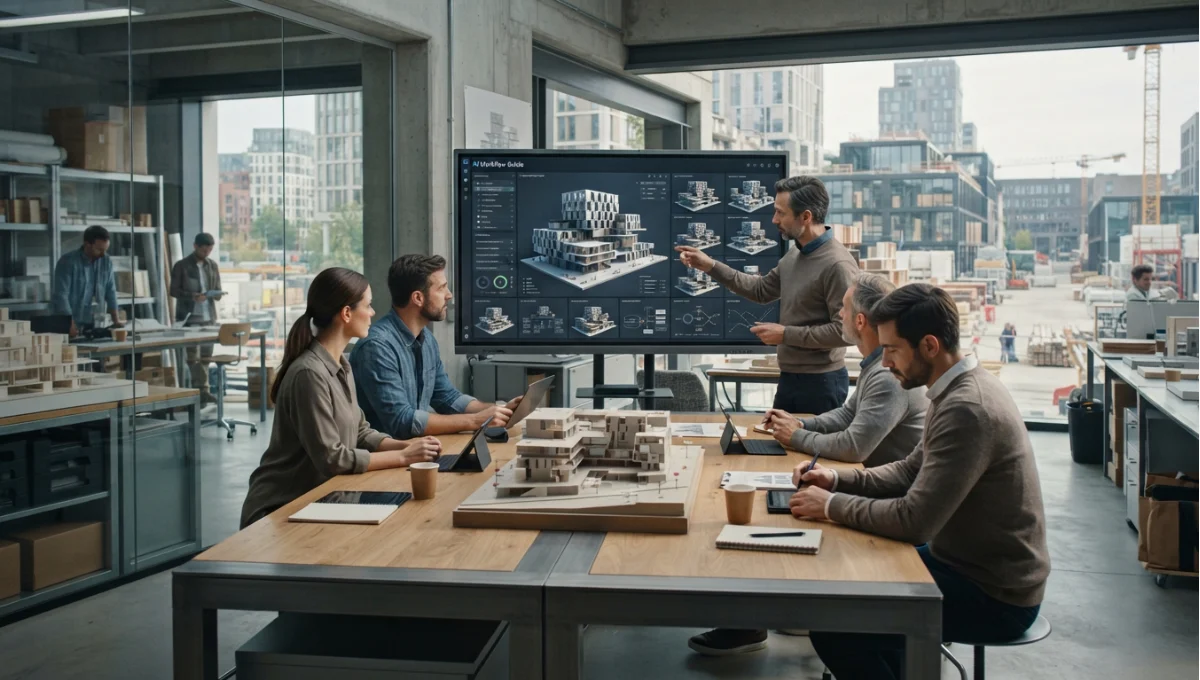 Summary view of project team at a phase review with a screen of variants and a coordinated model from AI Workflow Guide for Architects, a Nuvira Space concept study. Architectural photograph. Materials in view include the project's principal cladding and structural surfaces.