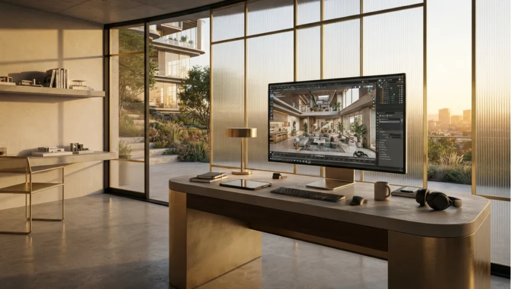 Exterior view of studio workstation with an engine viewport open on an interior scene from Lumion vs Enscape vs D5 vs Twinmotion (2026), a Nuvira Space concept study. Tilt-shift architectural photograph in low golden-hour light. Materials in view include the project's principal cladding and structural surfaces.