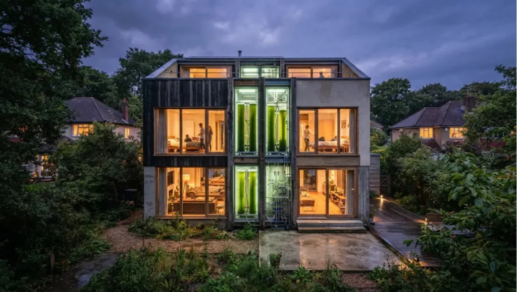 Projected 2030 view of residential elevation with the culture loop and monitoring visible from Top 7 Algae Bio-Curtain Systems, a Nuvira Space concept study. Wide twilight architectural view. Materials in view include the project's principal cladding and structural surfaces.