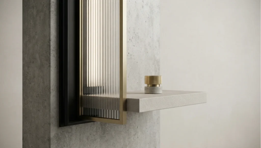 Detail view of an interior lighting comparison or a hardware detail from Lumion vs Enscape vs D5 vs Twinmotion (2026), a Nuvira Space concept study. Architectural detail photographed in diffuse light. Materials in view include the project's principal cladding and structural surfaces.