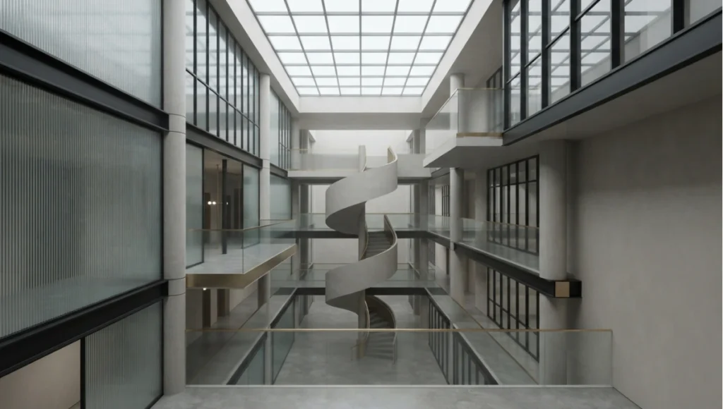 Study view of the deep top-lit atrium test scene from Lumion vs Enscape vs D5 vs Twinmotion (2026), a Nuvira Space concept study. Softly lit architectural study. Materials in view include the project's principal cladding and structural surfaces.