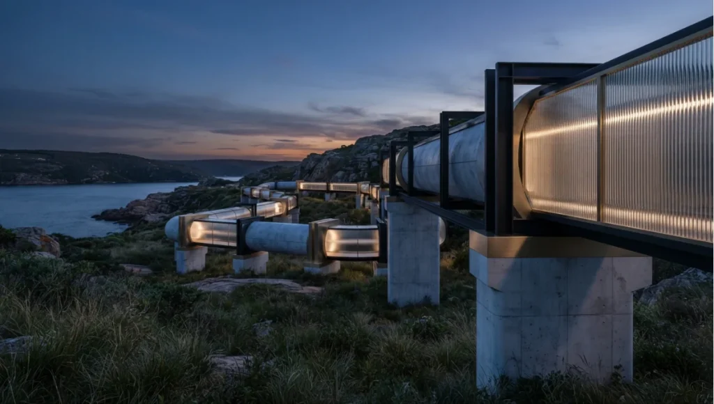 Projected 2030 view of 2030 pipeline concept from Lumion vs Enscape vs D5 vs Twinmotion (2026), a Nuvira Space concept study. Wide twilight architectural view. Materials in view include the project's principal cladding and structural surfaces.