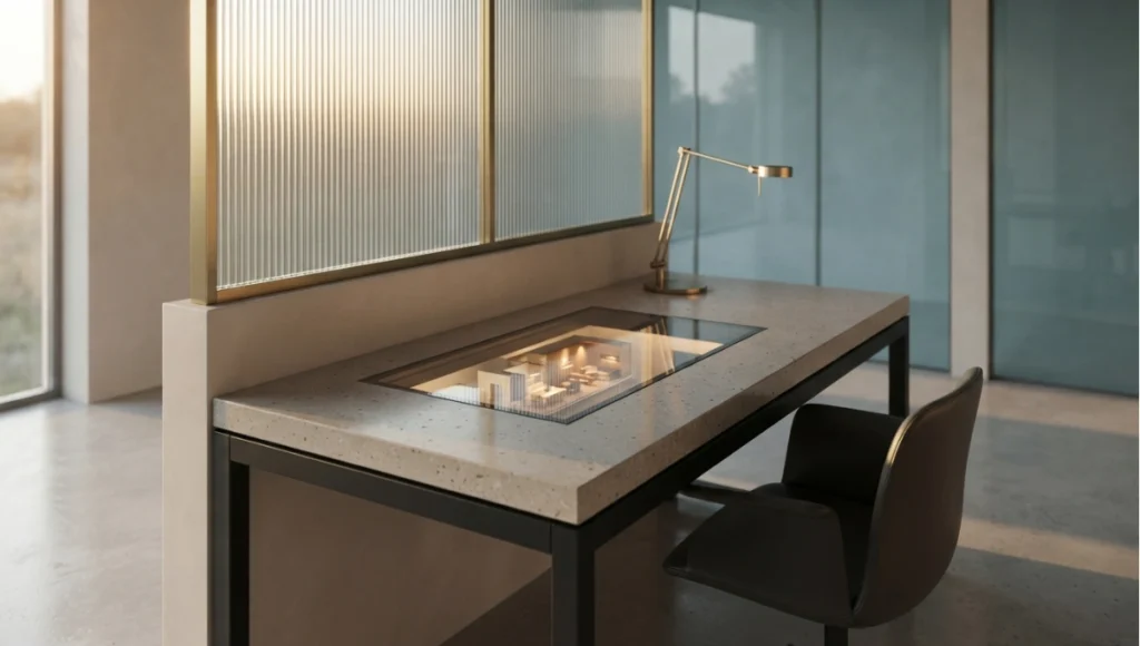 Nuvira Space concept view of studio workstation with an engine viewport open on an interior scene from Lumion vs Enscape vs D5 vs Twinmotion (2026). Tilt-shift architectural photograph in low golden-hour light. Materials in view include the project's principal cladding and structural surfaces.