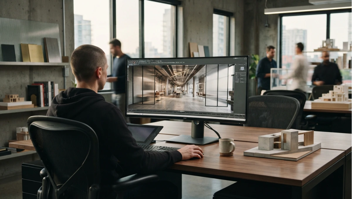 Summary view of studio workstation with an engine viewport open on an interior scene from Lumion vs Enscape vs D5 vs Twinmotion (2026), a Nuvira Space concept study. Architectural photograph. Materials in view include the project's principal cladding and structural surfaces.