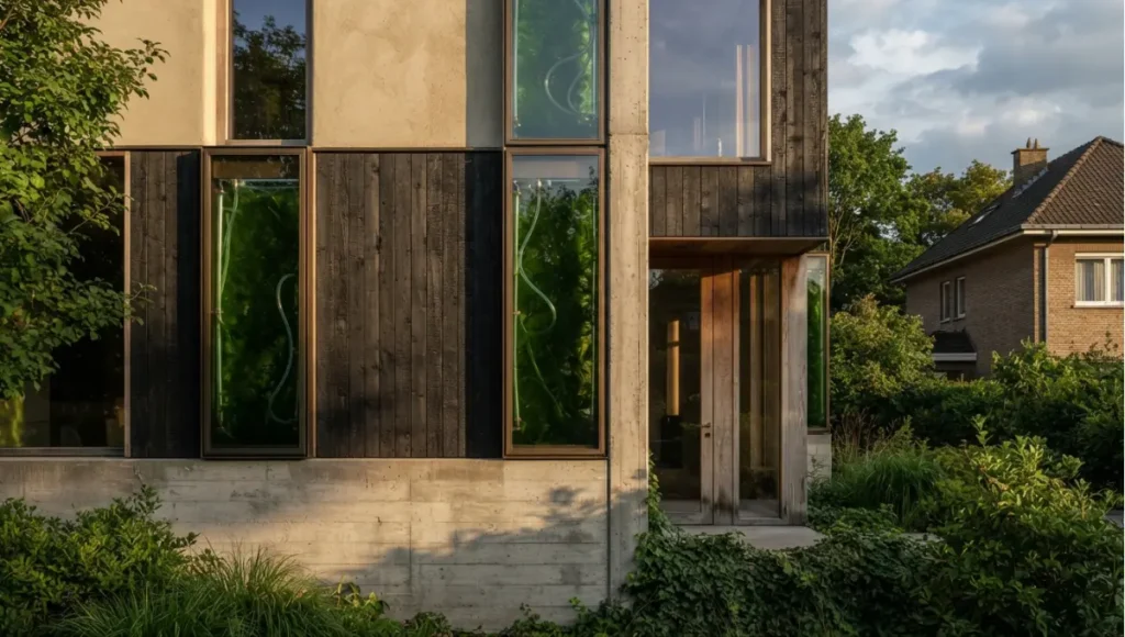Nuvira Space concept view of residential facade with visible culture panels from Top 7 Algae Bio-Curtain Systems. Tilt-shift architectural photograph in low golden-hour light. Materials in view include the project's principal cladding and structural surfaces.