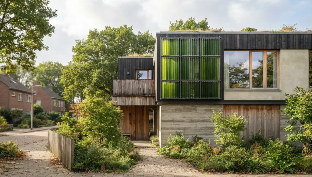Summary view of residential facade with visible culture panels from Top 7 Algae Bio-Curtain Systems, a Nuvira Space concept study. Architectural photograph. Materials in view include the project's principal cladding and structural surfaces.