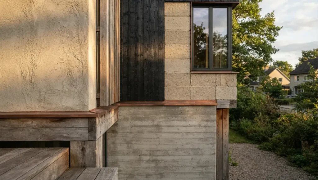 Exterior view of bio-based assembly detail or a specifier's material samples, soft daylight from Sustainable Building Materials Compared (2026), a Nuvira Space concept study. Tilt-shift architectural photograph in low golden-hour light. Materials in view include the project's principal cladding and structural surfaces.