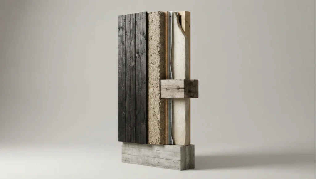 Detail view of wall section showing a vapour-open bio-based stack from Sustainable Building Materials Compared (2026), a Nuvira Space concept study. Architectural detail photographed in diffuse light. Materials in view include the project's principal cladding and structural surfaces.