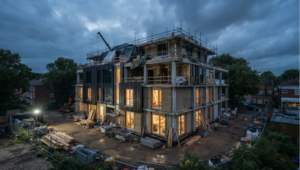 Projected 2030 view of 2030+ bio-based envelope under construction from Sustainable Building Materials Compared (2026), a Nuvira Space concept study. Wide twilight architectural view. Materials in view include the project's principal cladding and structural surfaces.