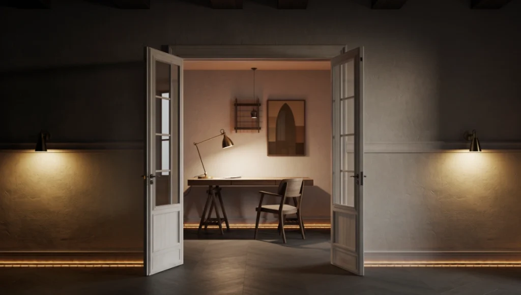 Ultra-realistic architectural photo of minimalist modern study interior with warm amber circadian evening lighting (1800K), 24mm tilt-shift lens, sharp focus on weathered oak desk, brushed brass accents and soft lime-plaster textures, neuro-architectural design for emotional regulation, melatonin support and wellness-focused home environment.