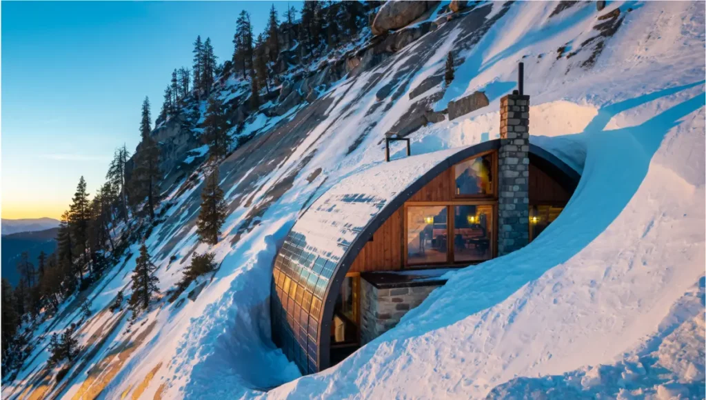 Nuvira Space 'Sierra Monolith' regenerative architecture concept: carbon-negative mountain residence with mycelium core, photovoltaic facade, variable-pitch snow-shedding roof, and biophilic integration in post-storm Yosemite granite landscape for passive survivability and ecological restoration.