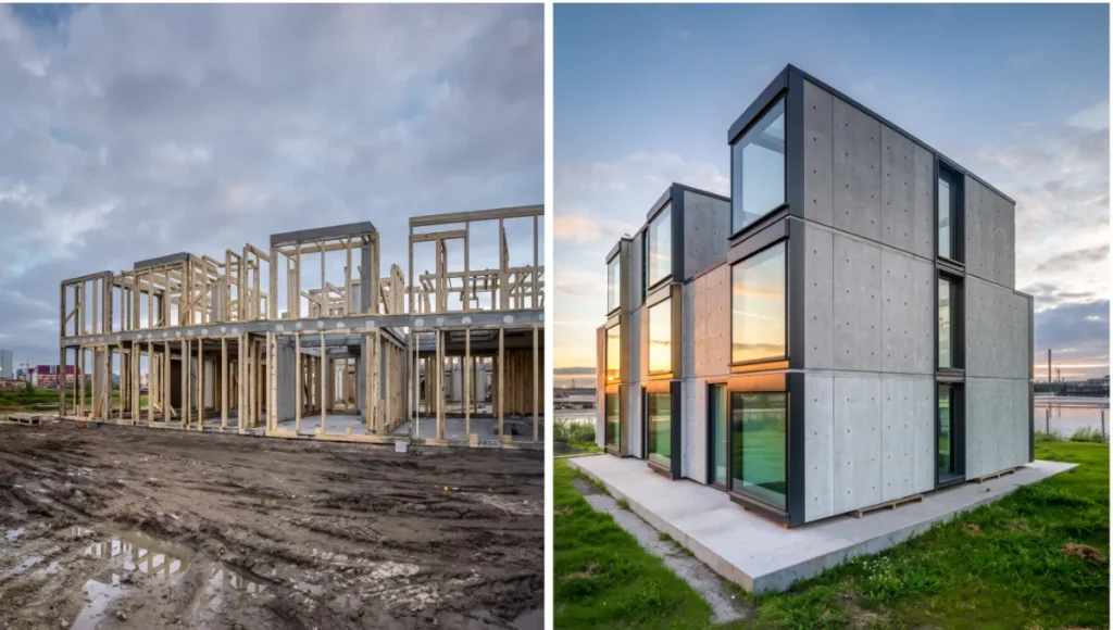Ultra-realistic split architectural photograph contrasting chaotic traditional on-site construction under overcast sky with precise Nuvira Space volumetric modular home exterior in golden hour, raw concrete facades, brushed brass details, smart glass, 24mm tilt-shift lens, highlighting tectonic precision, millimeter accuracy, and neuro-architectural advantages of off-site modular building.