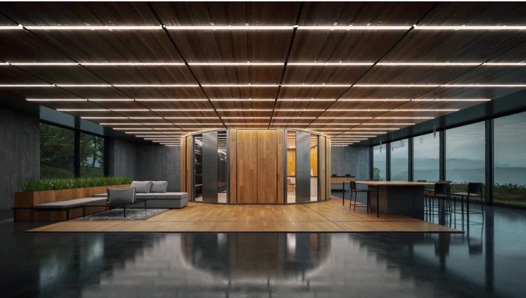 Ultra-realistic 24mm tilt-shift architectural interior photo of Nuvira Space circadian-responsive tunable LED lighting and CLT transformative millwork core in a flexible adaptive home, diffused overcast light with warm-to-cool spectrum shift, cross-laminated timber and linoleum textures, bio-adaptive residential design