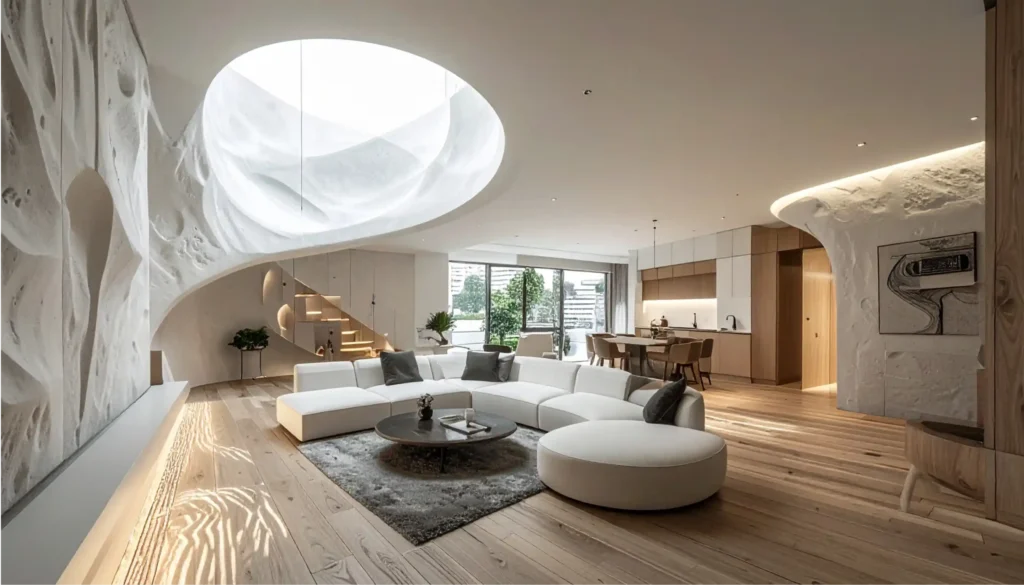 Ultra-realistic digital rendering of a futuristic smart home health machine in urban setting, 8K high resolution with 24mm tilt-shift lens, cool tones and amber accents, invisible tech for neuro-architecture and physiological optimization.