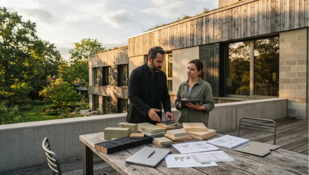 Exterior view of delivery or submittal review scene, documents and material samples, soft daylight from Sourcing Sustainable Materials, a Nuvira Space concept study. Tilt-shift architectural photograph in low golden-hour light. Materials in view include the project's principal cladding and structural surfaces.