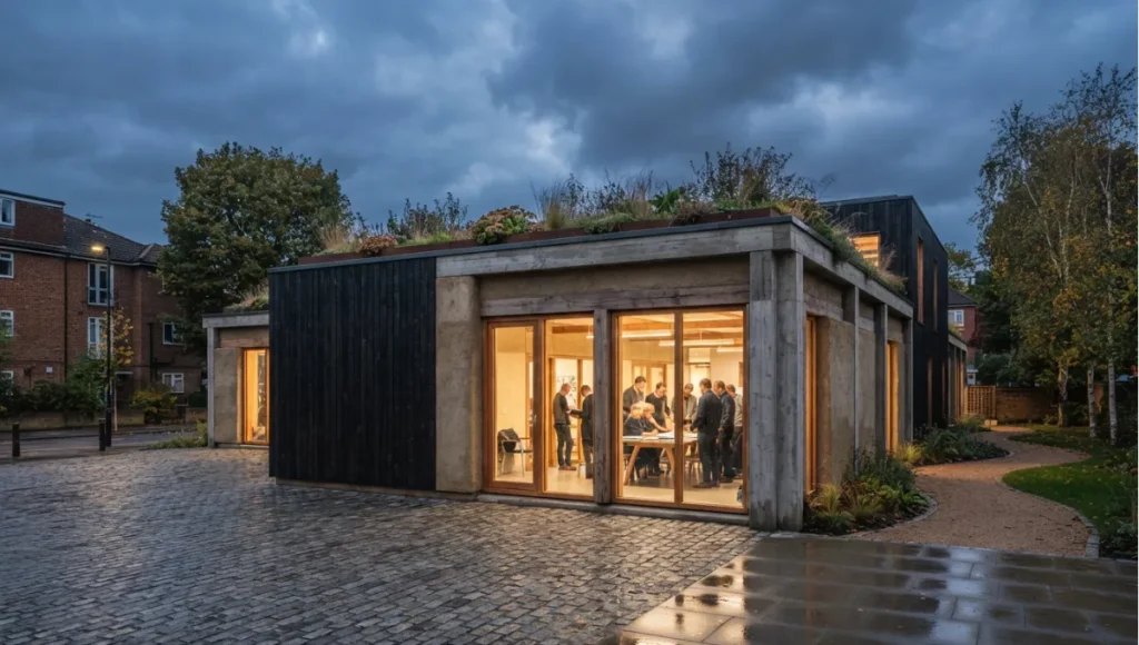 Projected 2030 view of 2030+ handover of a verification register from Sourcing Sustainable Materials, a Nuvira Space concept study. Wide twilight architectural view. Materials in view include the project's principal cladding and structural surfaces.