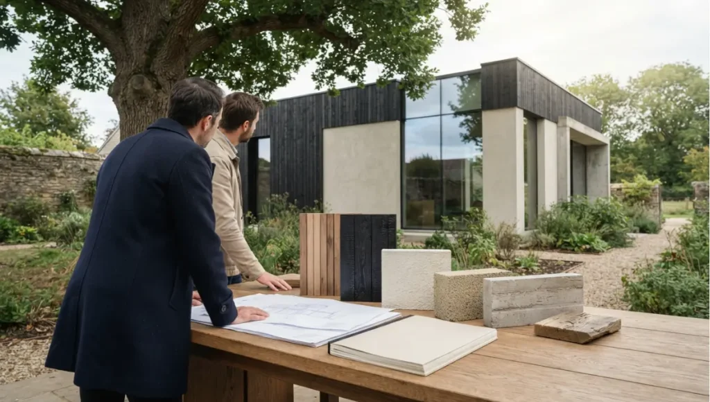 Nuvira Space concept view of delivery or submittal review scene, documents and material samples, soft daylight from Sourcing Sustainable Materials. Tilt-shift architectural photograph in low golden-hour light. Materials in view include the project's principal cladding and structural surfaces.
