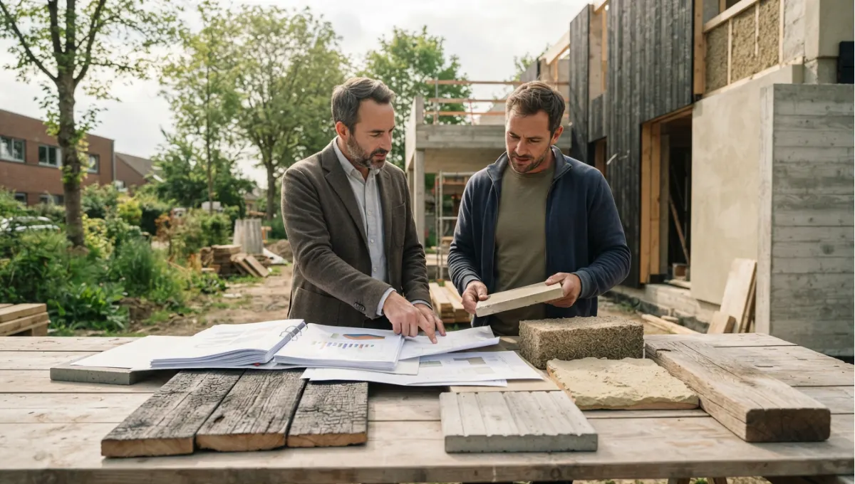 Summary view of delivery or submittal review scene, documents and material samples, soft daylight from Sourcing Sustainable Materials, a Nuvira Space concept study. Architectural photograph. Materials in view include the project's principal cladding and structural surfaces.