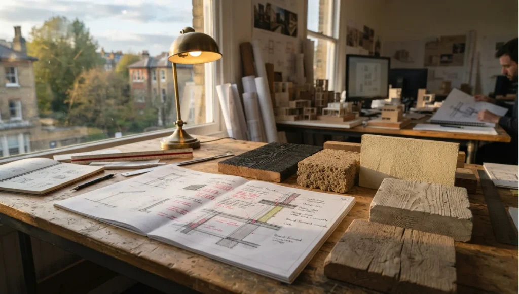 Exterior view of specification document or marked-up section with material samples, desk light from How Architects Specify Sustainable Materials, a Nuvira Space concept study. Tilt-shift architectural photograph in low golden-hour light. Materials in view include the project's principal cladding and structural surfaces.