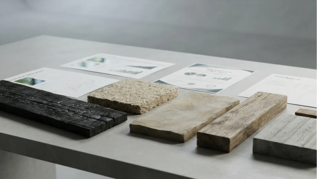 Detail view of submittal review: EPD print-out, test report, chain-of-custody certificate on a table from How Architects Specify Sustainable Materials, a Nuvira Space concept study. Architectural detail photographed in diffuse light. Materials in view include the project's principal cladding and structural surfaces.