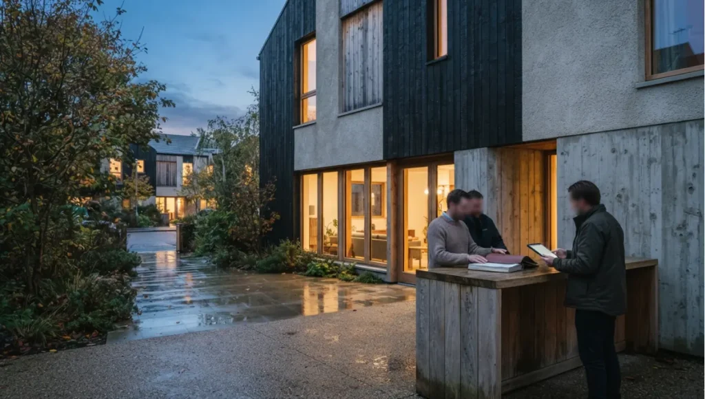 Projected 2030 view of 2030+ handover of the assembly log and closeout register from How Architects Specify Sustainable Materials, a Nuvira Space concept study. Wide twilight architectural view. Materials in view include the project's principal cladding and structural surfaces.