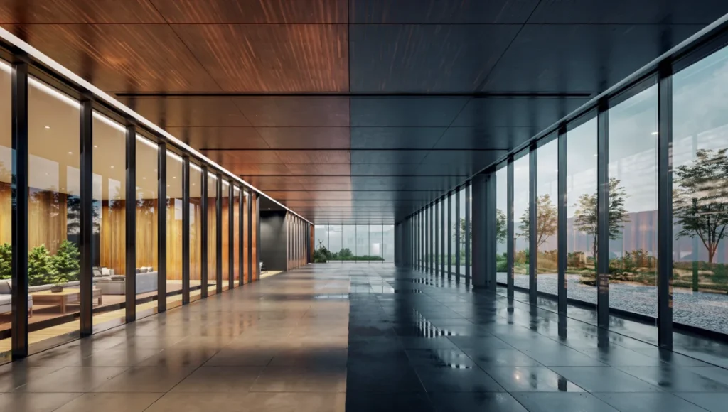 Split-view ultra-realistic architectural visualization comparing Lumion 2026 ray-traced nature polish versus Twinmotion 2026 Nanite Lumen real-time speed in a modern atrium scene with detailed vegetation and material textures – elite architectural rendering workflow 2026.