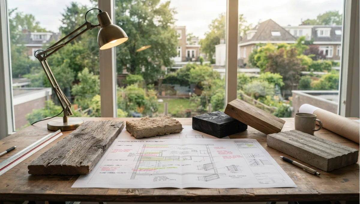 Summary view of specification document or marked-up section with material samples, desk light from How Architects Specify Sustainable Materials, a Nuvira Space concept study. Architectural photograph. Materials in view include the project's principal cladding and structural surfaces.