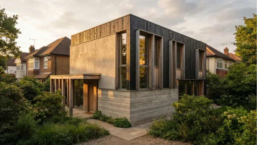 Exterior view of passive-house envelope on a real project, golden hour, material texture from What Is a Passive House? Criteria & Certification, a Nuvira Space concept study. Tilt-shift architectural photograph in low golden-hour light. Materials in view include the project's principal cladding and structural surfaces.