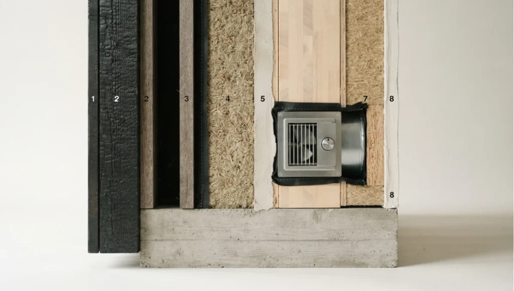 Detail view of enclosure layer assembly / ventilation unit detail, 85mm side-lit from What Is a Passive House? Criteria & Certification, a Nuvira Space concept study. Architectural detail photographed in diffuse light. Materials in view include the project's principal cladding and structural surfaces.